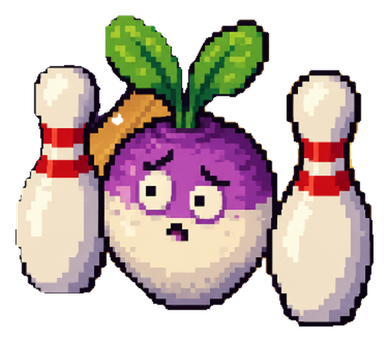 A worried purple turnip standing between two bowling pins